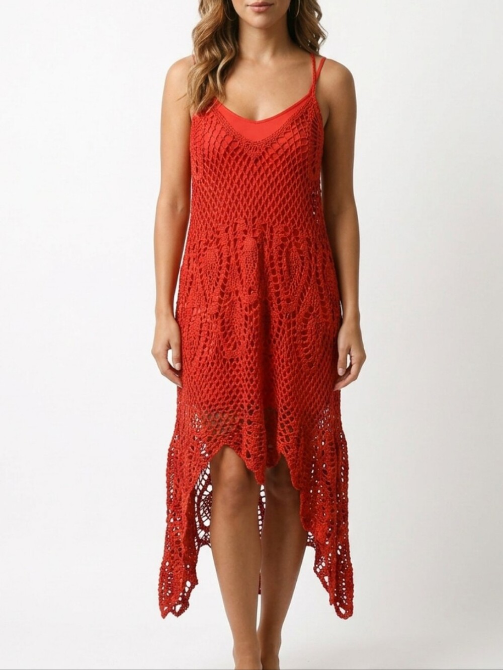 Burnt Orange Crochet V-Neck Open Back Criss Cross Hi Low Midi Swim Coverup S/M